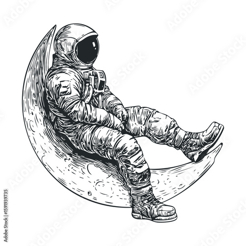 Astronaut resting on crescent moon in a whimsical space setting