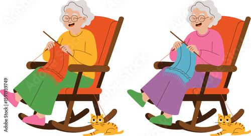 Elderly women knitting with cats in rocking chairs illustration