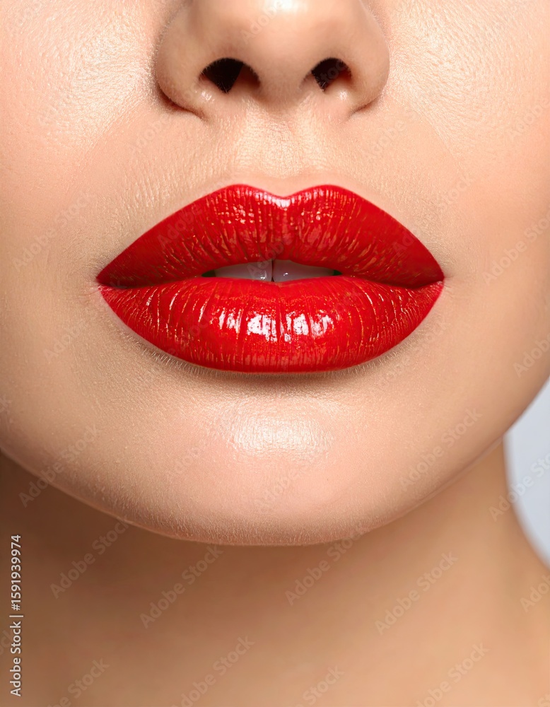 Fototapeta premium Close-up of woman's lips with vibrant red lipstick (1)