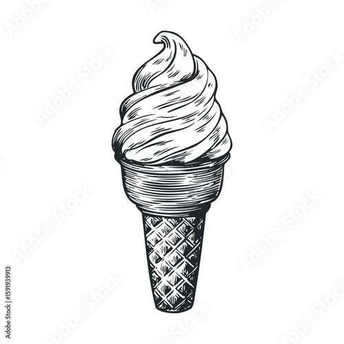 Vintage ice cream cone with swirl topping design for print