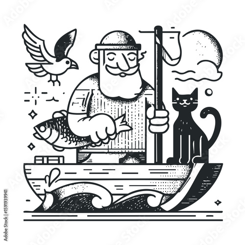 Fisherman in boat with cat and seagull under sunny sky