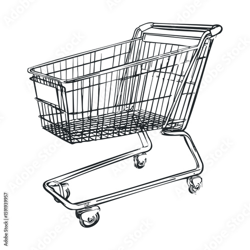 Empty shopping cart on wheels for retail and grocery use