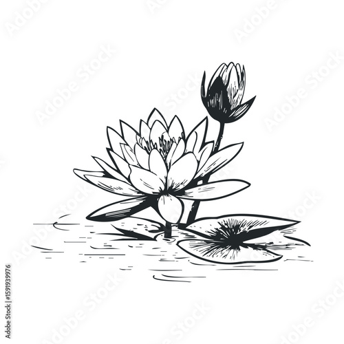 Illustrative depiction of water lily on calm water surface