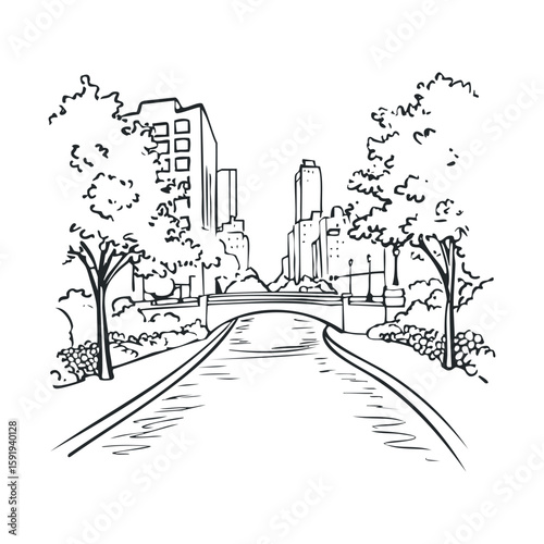 City park with trees and buildings in a vibrant urban landscape