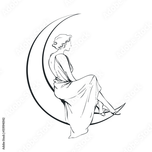 Elegant woman sitting on crescent moon in minimalist design