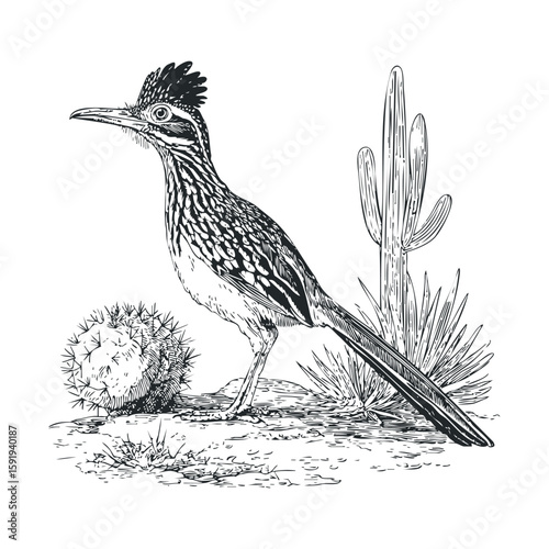 Detailed sketch of a roadrunner in a desert setting with cacti