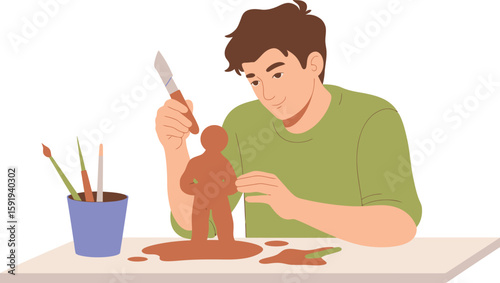 Man Sculpting Clay Figure with Knife on Table with Art Supplies