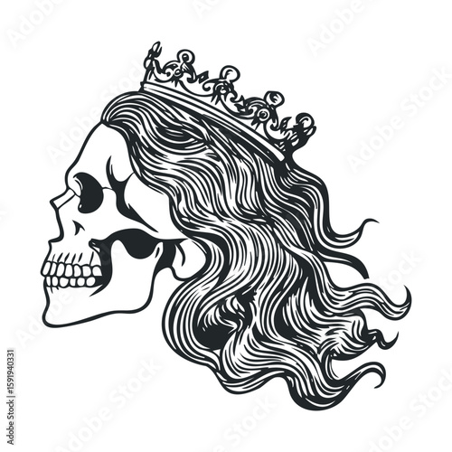 Crowned skull with flowing hair design for artwork and tattoo