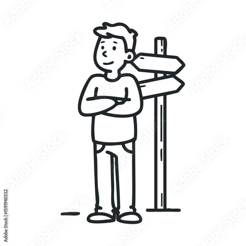 Young man pondering direction at a crossroads with signposts