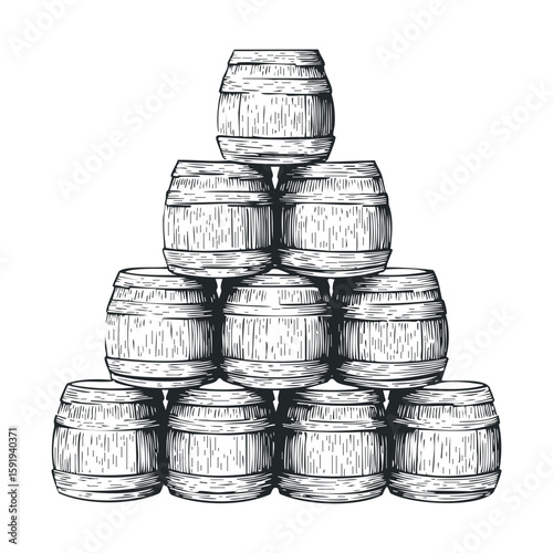Pyramid of stacked wooden barrels for decoration