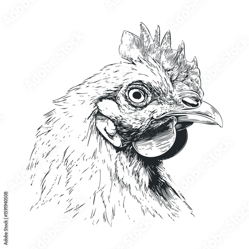 Detailed black and white sketch of a rooster head with vivid features