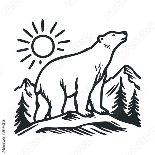 Polar bear on mountain landscape with sun in the background