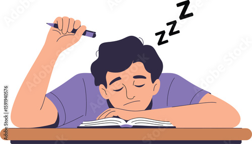 Sleeping Student with Pen and Book on Desk Zzzs tired