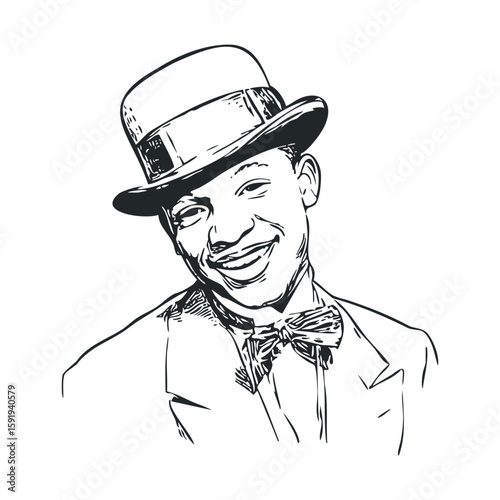 Joyful man smiling in vintage attire with a bow tie and hat