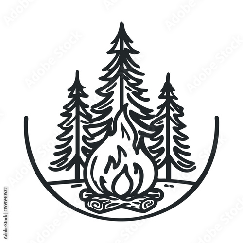 Cozy campfire among tall trees for outdoor adventure and relaxation