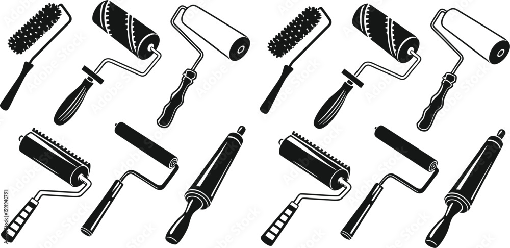 Black Line Paint Roller Icons Set including Flat Painting Tool Renovation and Decoration Symbol Collection with Minimal Roller Icon Group for UI Web Construction Wall and DIY Projects