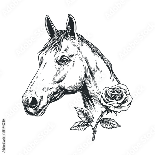 Horse head with rose drawing for artistic design projects