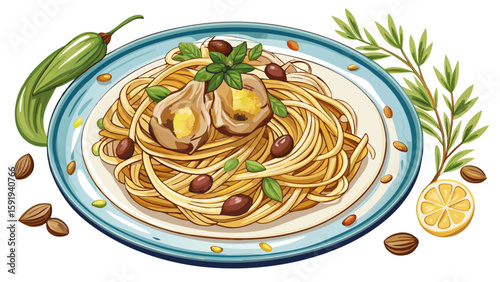 Traditional fried tagliatelle con galletti with chanterelle mushrooms and pistachios served as top view on a Nordic design plate with copy space white background