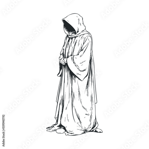 Mysterious figure in hooded cloak presenting an aura of intrigue