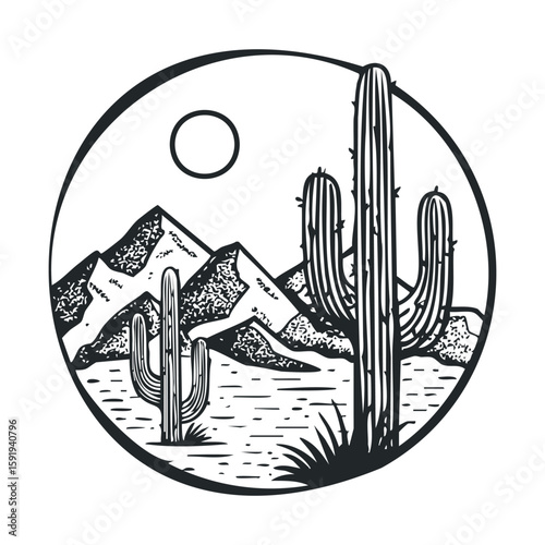 Desert landscape with cacti and mountains under the sun