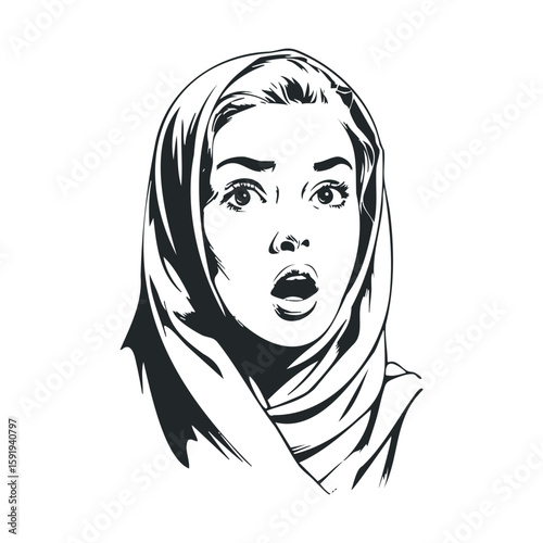 Surprised woman wearing a scarf expressing shock and disbelief