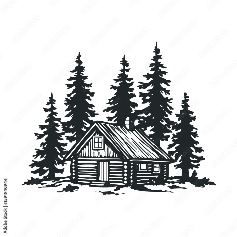 Fototapeta premium Cozy log cabin in a tranquil forest of tall pines