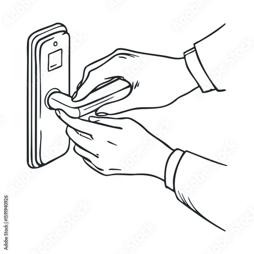Opening a door with a modern handle and smart lock mechanism