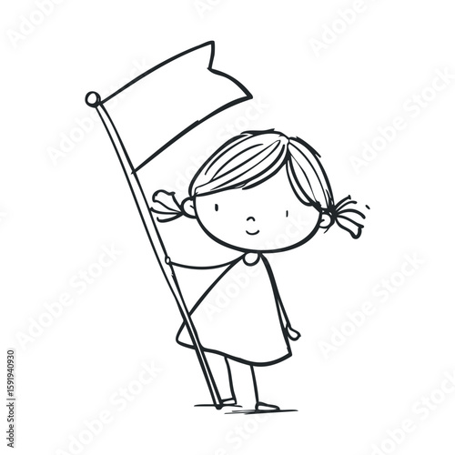 Girl holding flag in simple line drawing style for design purposes