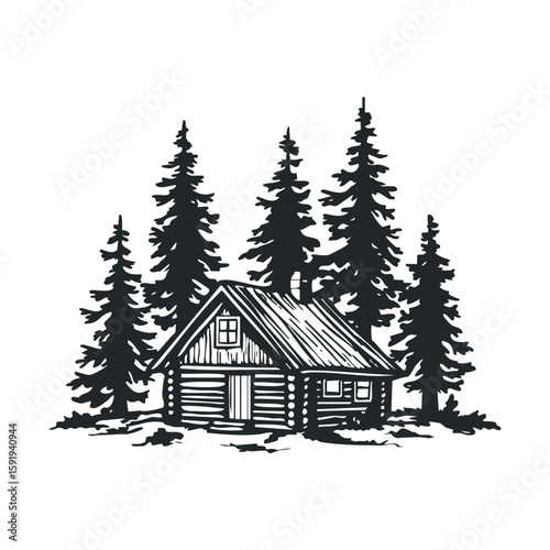 Cozy log cabin in a tranquil forest of tall pines