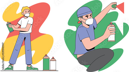 Two People Spray Painting with Aerosol Cans Illustration