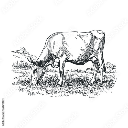 Cow grazing in a green pasture under a clear sky