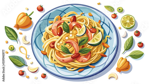 Traditional fried tagliatelle con galletti with chanterelle mushrooms and pistachios served as top view on a Nordic design plate with copy space white background