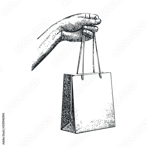 Hand holding a shopping bag in a minimalist design concept