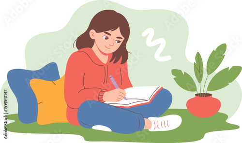 Young Woman Writing in Notebook with Plant and Pillows Illustration