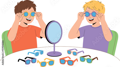 Two Boys Trying On Sunglasses with a Mirror and Various Eyewear