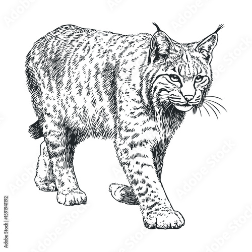 Lynx walking through natural habitat in detailed black and white style