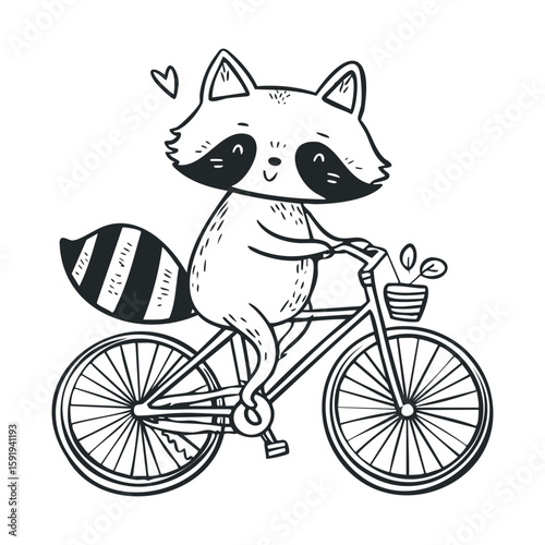 Cute raccoon riding a bicycle with basket for joyful adventures