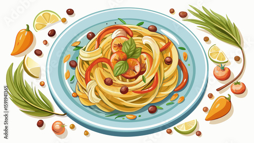 Traditional fried tagliatelle con galletti with chanterelle mushrooms and pistachios served as top view on a Nordic design plate with copy space white background