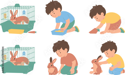 Boy Interacting with a Rabbit Cage Feeding and Petting Illustration