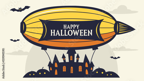 Happy halloween airship with haunted house and bats flying in the sky for a spooky celebration theme