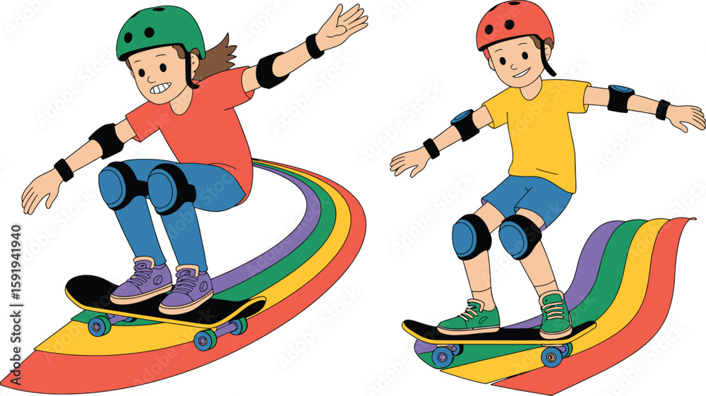 Fototapeta premium Two Children Skateboarding on Rainbow Trails Wearing Helmets and Protective Gear