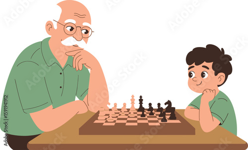 Grandfather and Boy Playing Chess with Brown Table and Chessboard Illustration