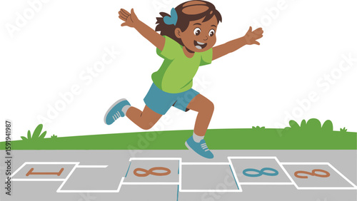 Girl Playing Hopscotch Jumping Over Numbers on Pavement