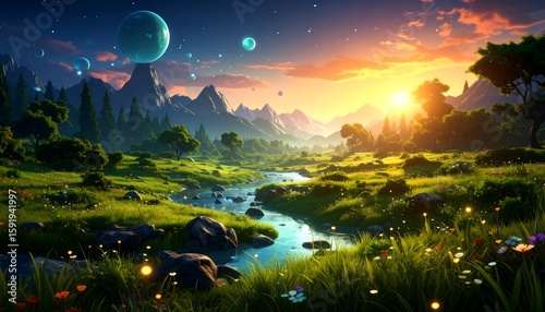 Wallpaper Mural Fantasy landscape, vibrant sunset Torontodigital.ca