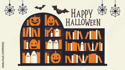 Illustration of a bookshelf decorated with halloween elements including pumpkins and ghosts for halloween, happy
