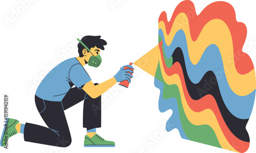 Person Kneeling Spraying Colorful Wavy Paint Illustration
