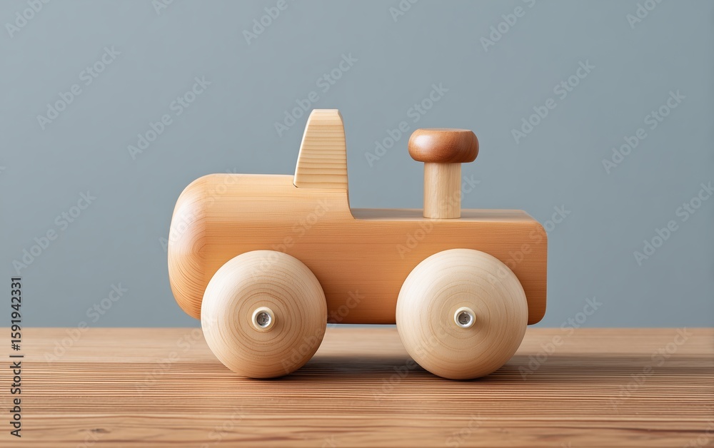 Naklejka premium Minimal wooden toy tractor on wooden table