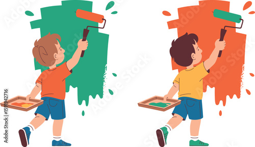 Two Children Painting Walls with Paint Rollers in Green and Orange Colors