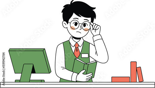 Librarian with Glasses Holding Book and Looking Pensive by Green Monitor