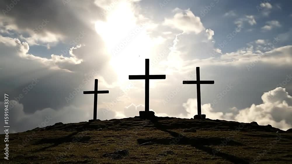 Three black crosses stand atop a grassy hill silhouetted against a bright cloudy sky Three black crosses stand atop a grassy hill silhouetted against a bright cloudy sky